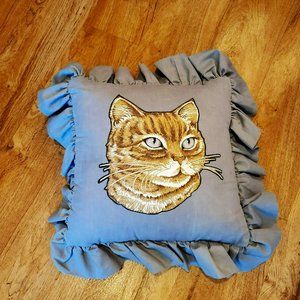 Vintage Handmade Cat Pillow, Applique Tabby Cat, Accent Pillow, Gray with Ruffle